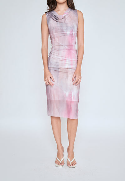 Allona Pastel Abstract Print Crew Neckline Mesh Sleeveless Midi Dress