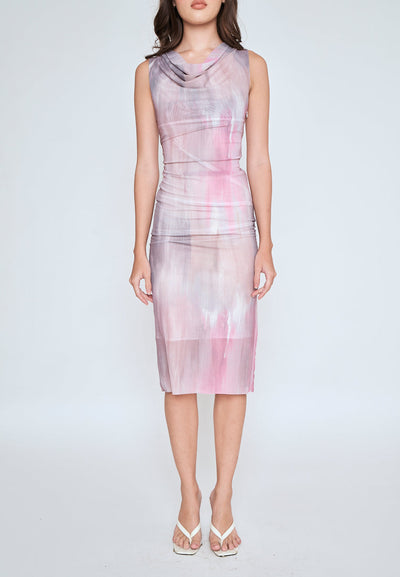 Allona Pastel Abstract Print Crew Neckline Mesh Sleeveless Midi Dress