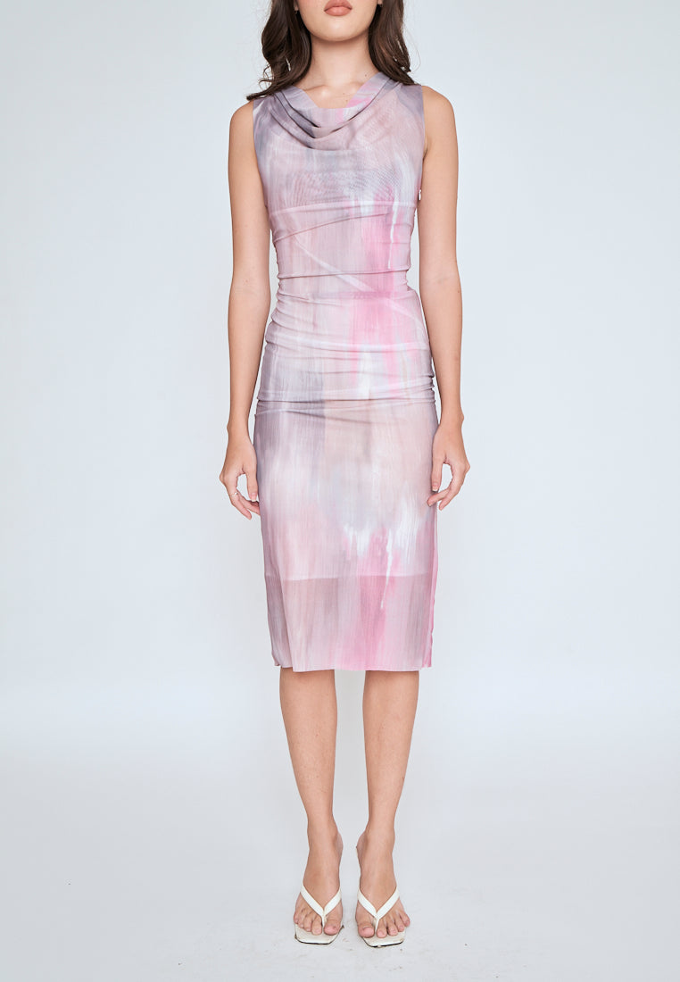 Allona Pastel Abstract Print Crew Neckline Mesh Sleeveless Midi Dress