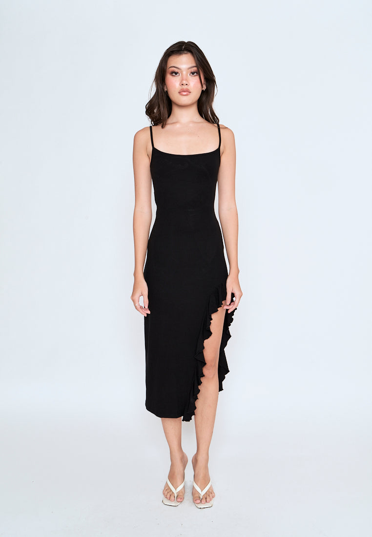 Miciela Black Sleeveless Sexy Back Ruffled Side Slit Midi Dress