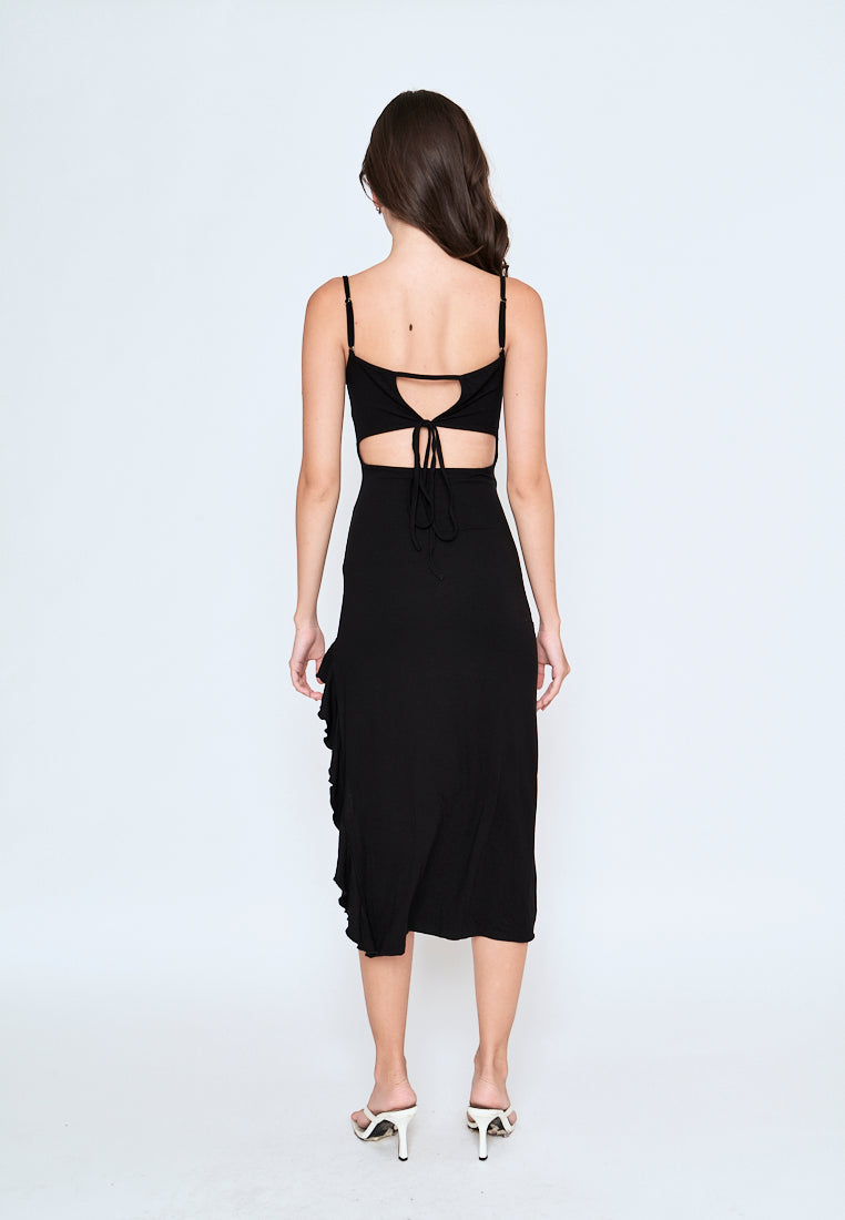 Miciela Black Sleeveless Sexy Back Ruffled Side Slit Midi Dress