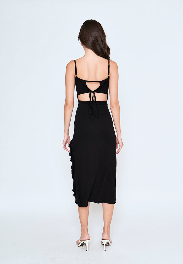 Miciela Black Sleeveless Sexy Back Ruffled Side Slit Midi Dress