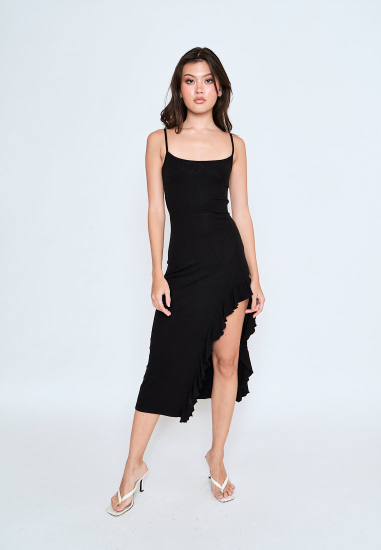 Miciela Black Sleeveless Sexy Back Ruffled Side Slit Midi Dress