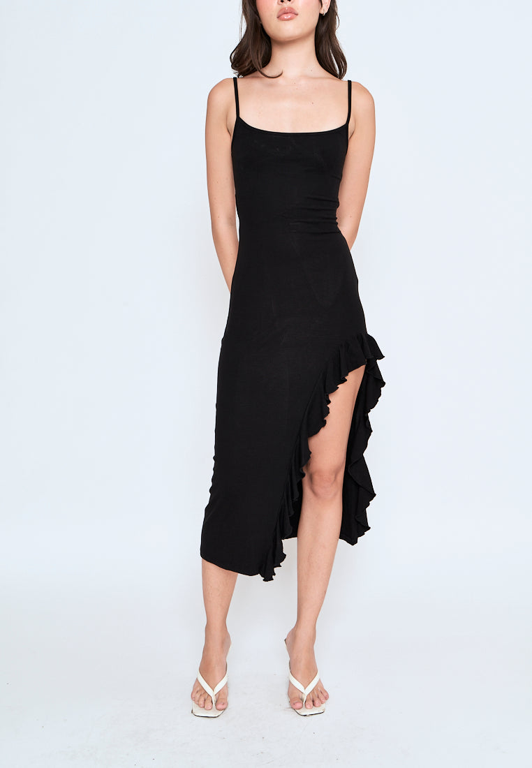 Miciela Black Sleeveless Sexy Back Ruffled Side Slit Midi Dress