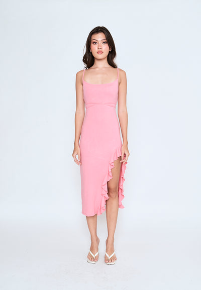 Miciela Pink Sleeveless Sexy Back Ruffled Side Slit Midi Dress