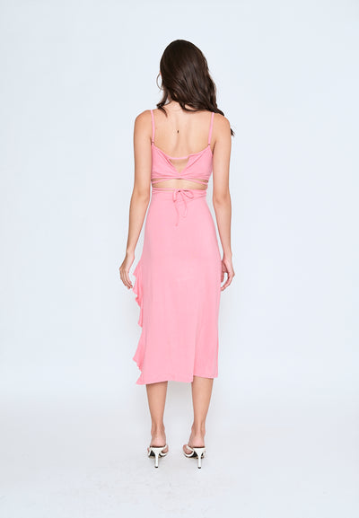 Miciela Pink Sleeveless Sexy Back Ruffled Side Slit Midi Dress