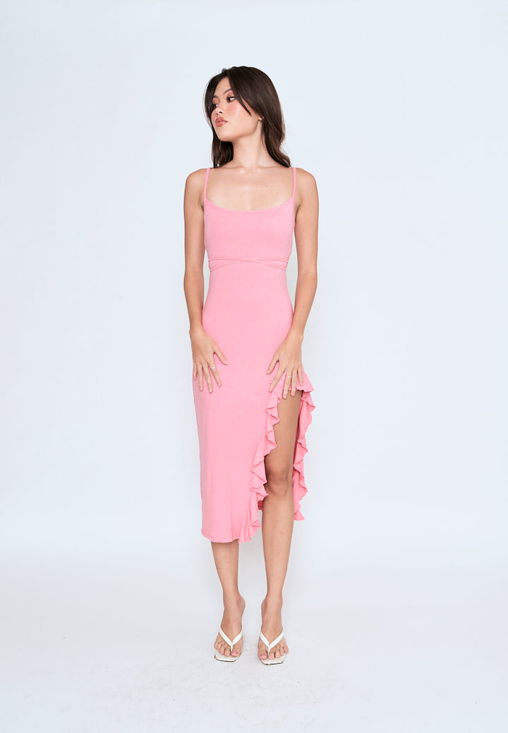 Miciela Pink Sleeveless Sexy Back Ruffled Side Slit Midi Dress