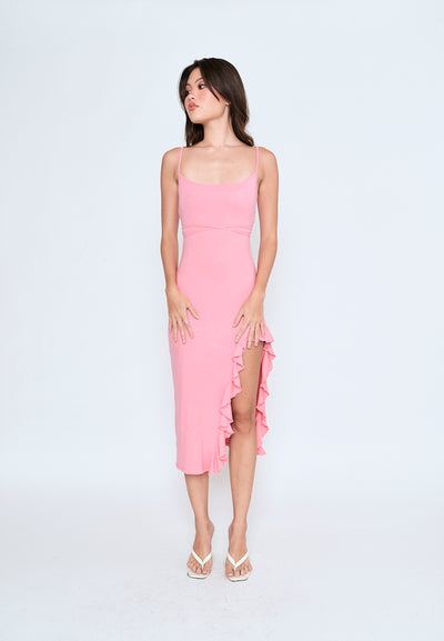 Miciela Pink Sleeveless Sexy Back Ruffled Side Slit Midi Dress