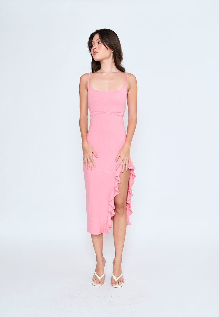 Miciela Pink Sleeveless Sexy Back Ruffled Side Slit Midi Dress