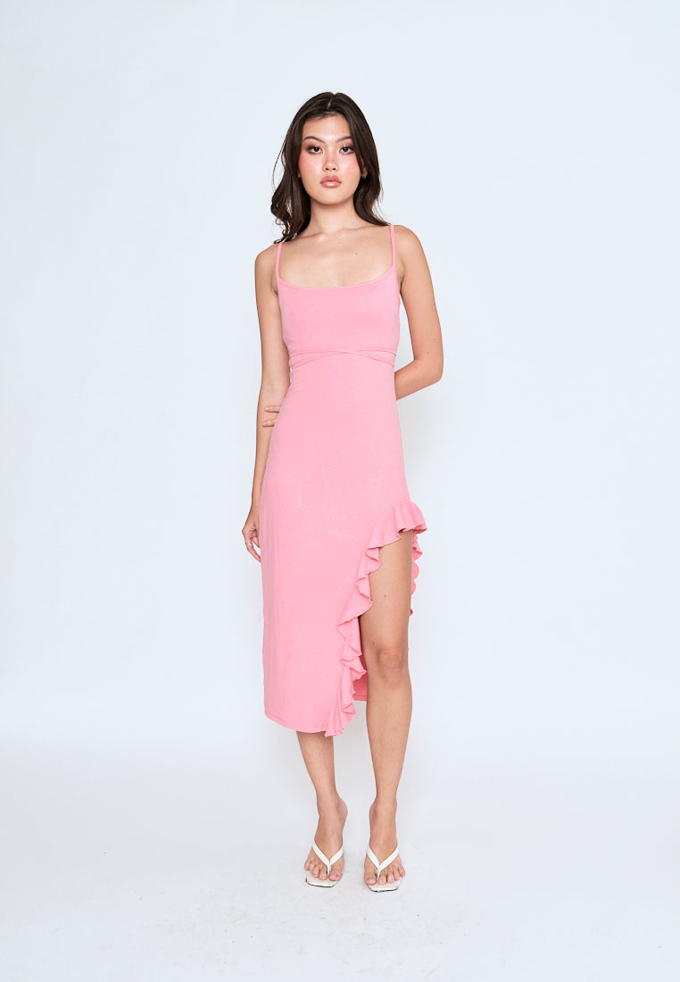 Miciela Pink Sleeveless Sexy Back Ruffled Side Slit Midi Dress