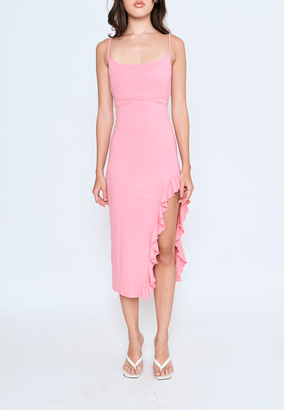 Miciela Pink Sleeveless Sexy Back Ruffled Side Slit Midi Dress