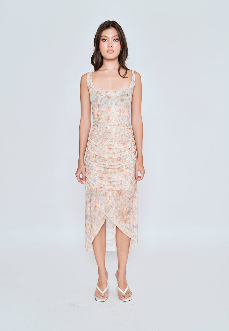Caren Beige Floral All Over Print Square Neckline Pleated Sleeveless Midi Dress