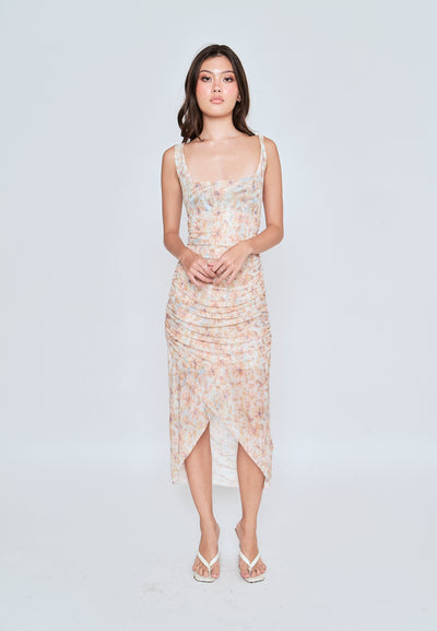 Caren Beige Floral All Over Print Square Neckline Pleated Sleeveless Midi Dress
