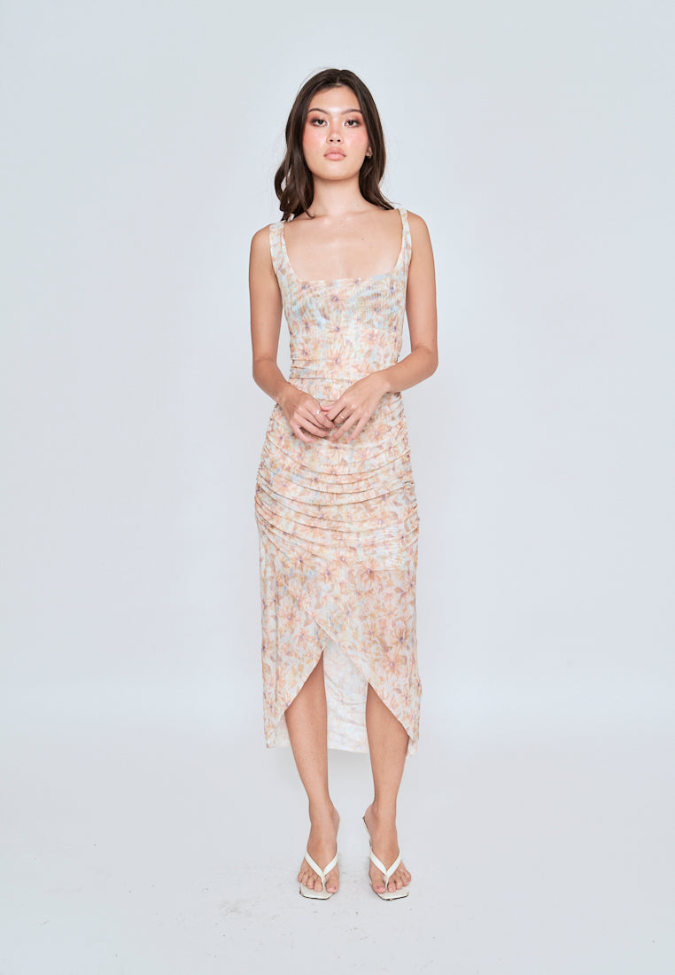 Caren Beige Floral All Over Print Square Neckline Pleated Sleeveless Midi Dress