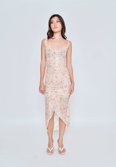 Caren Beige Floral All Over Print Square Neckline Pleated Sleeveless Midi Dress
