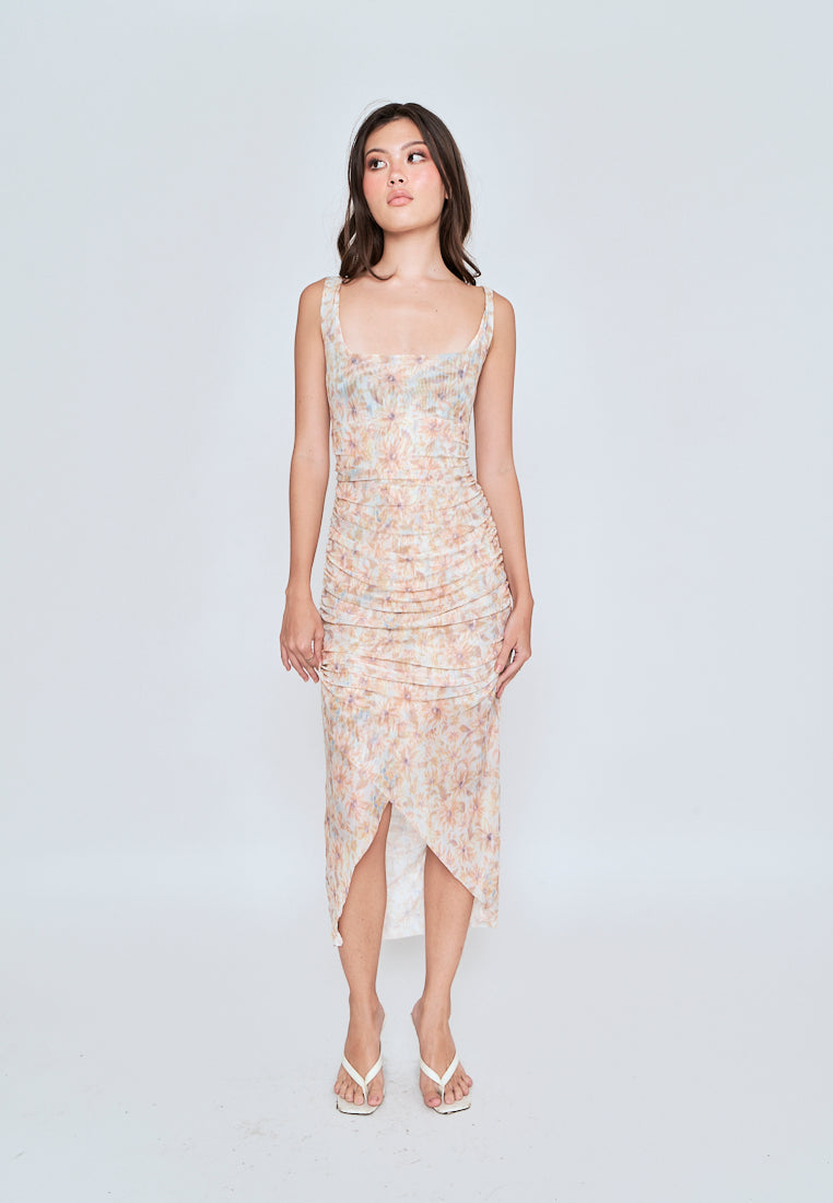 Caren Beige Floral All Over Print Square Neckline Pleated Sleeveless Midi Dress