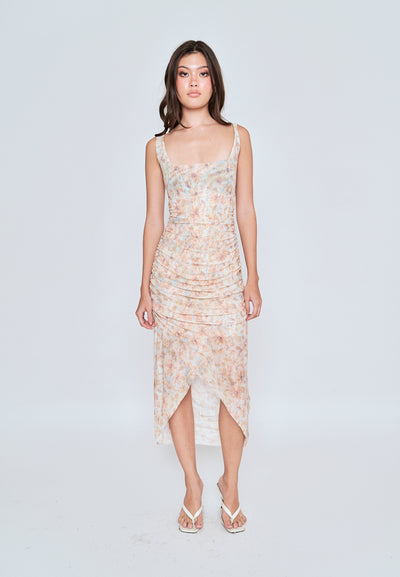 Caren Beige Floral All Over Print Square Neckline Pleated Sleeveless Midi Dress