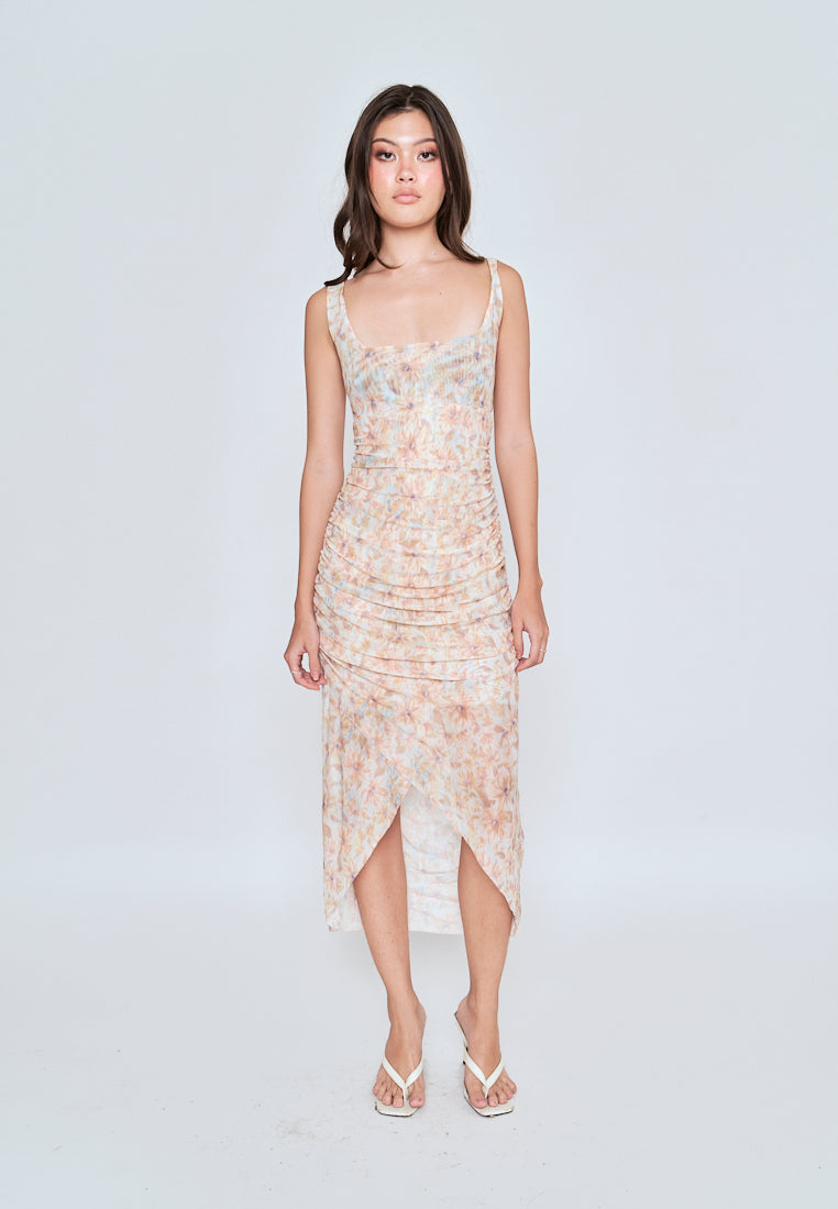 Caren Beige Floral All Over Print Square Neckline Pleated Sleeveless Midi Dress