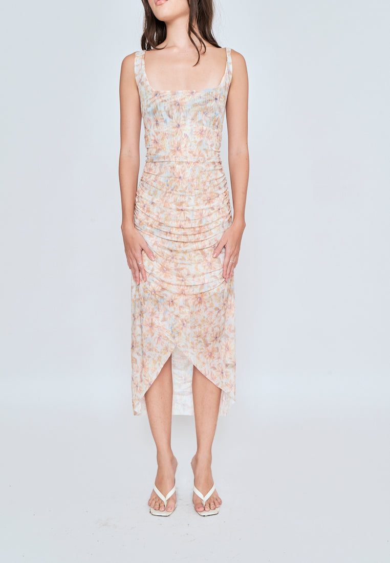 Caren Beige Floral All Over Print Square Neckline Pleated Sleeveless Midi Dress