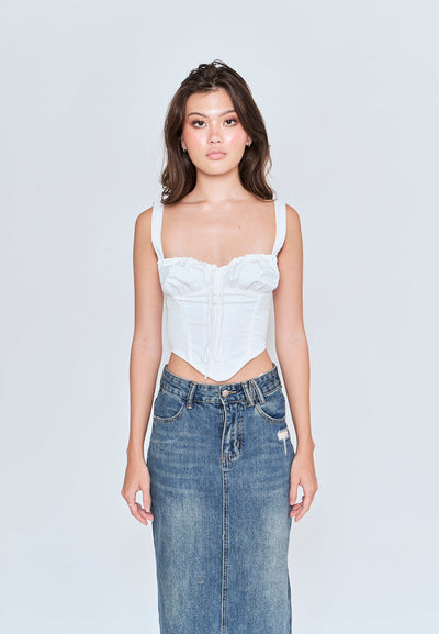 Bethel White V Neck Ruched Tie Bust Sleeveless Crop Top