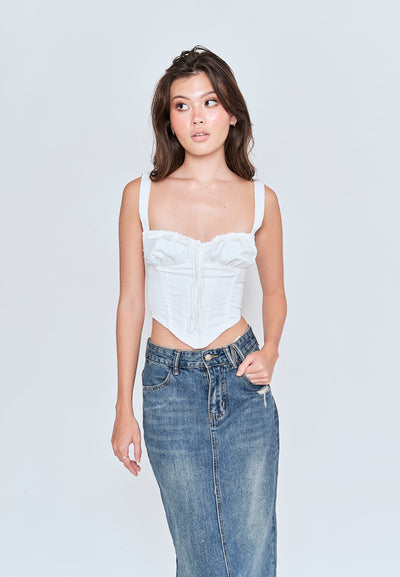 Bethel White V Neck Ruched Tie Bust Sleeveless Crop Top