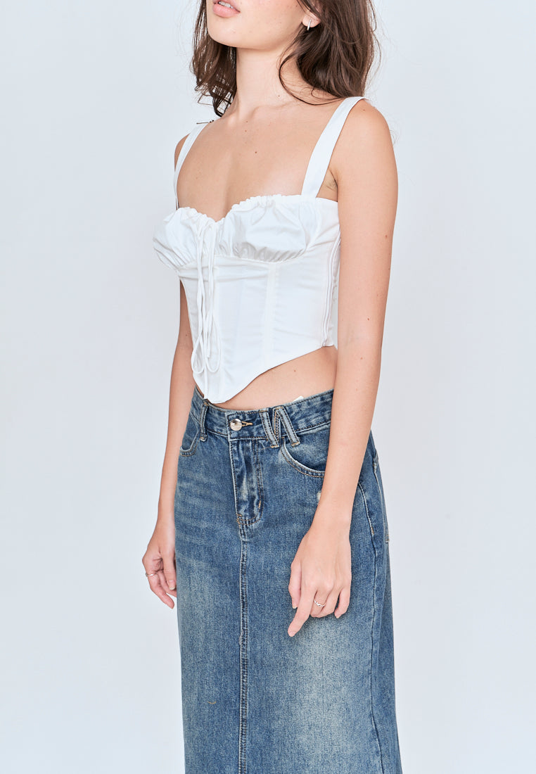 Bethel White V Neck Ruched Tie Bust Sleeveless Crop Top