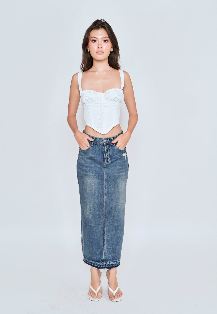 Bethel White V Neck Ruched Tie Bust Sleeveless Crop Top