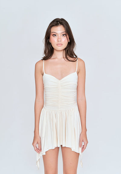 Eirie Beige V Neck Pleated Long Sides Sleeveless Mini Dress