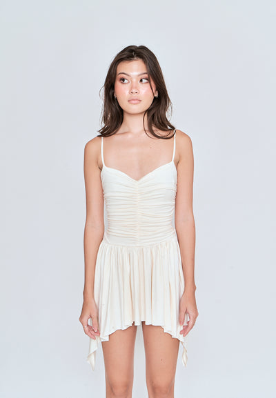 Eirie Beige V Neck Pleated Long Sides Sleeveless Mini Dress