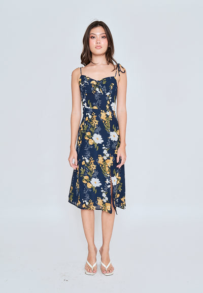 Elene Blue with White and Yellow Floral Print V Neckline Self tie Strap Midi Dress