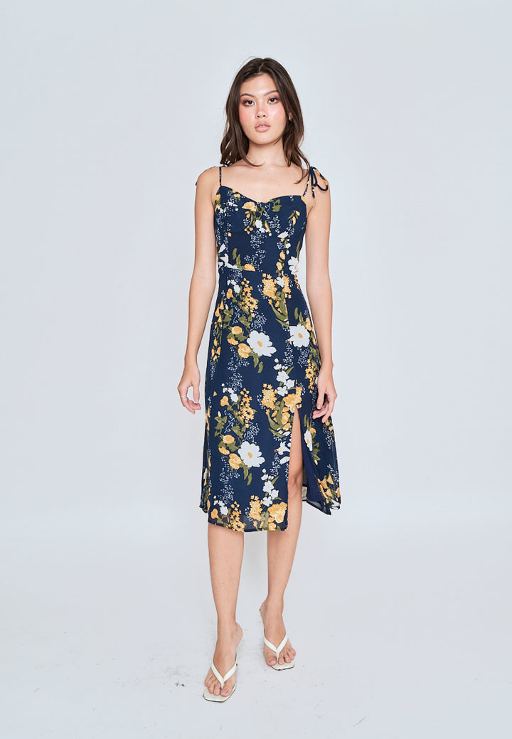 Elene Blue with White and Yellow Floral Print V Neckline Self tie Strap Midi Dress