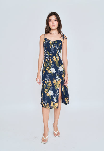 Elene Blue with White and Yellow Floral Print V Neckline Self tie Strap Midi Dress