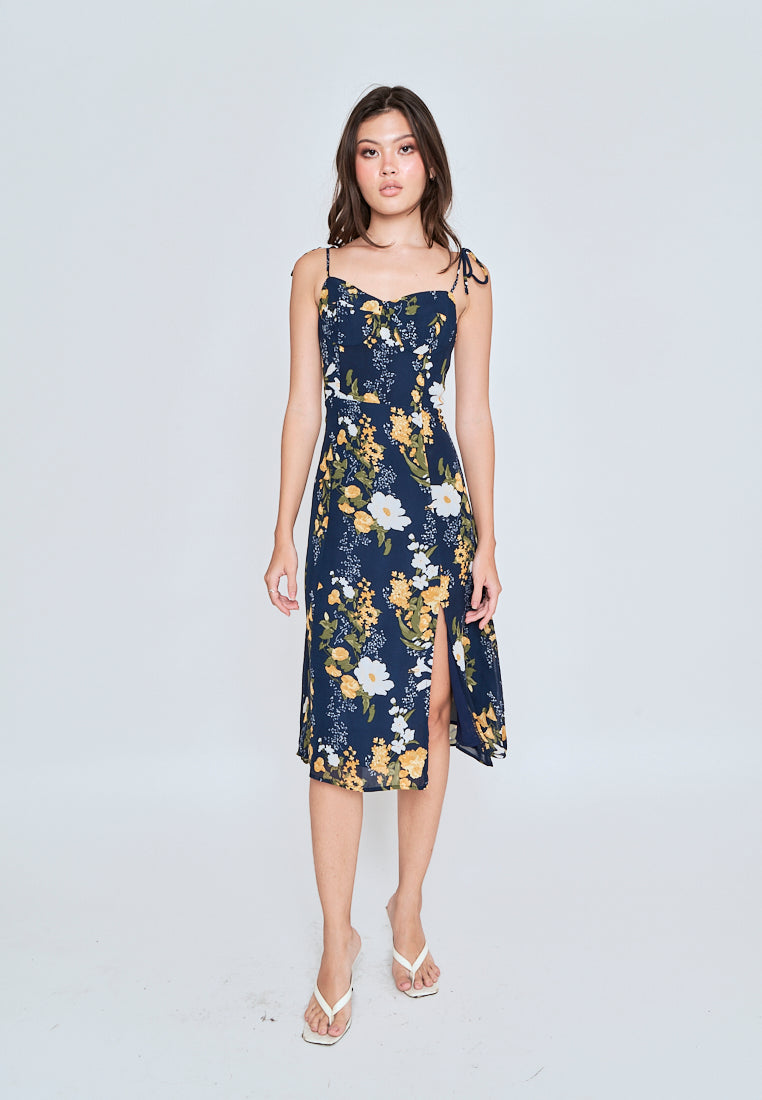 Elene Blue with White and Yellow Floral Print V Neckline Self tie Strap Midi Dress