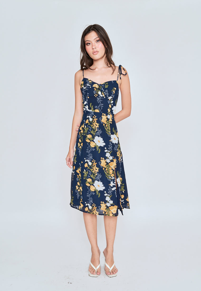 Elene Blue with White and Yellow Floral Print V Neckline Self tie Strap Midi Dress