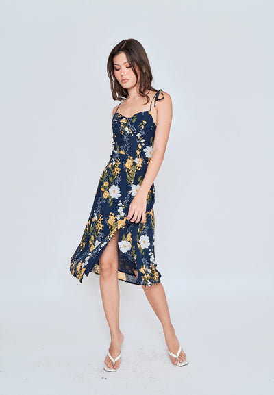 Elene Blue with White and Yellow Floral Print V Neckline Self tie Strap Midi Dress