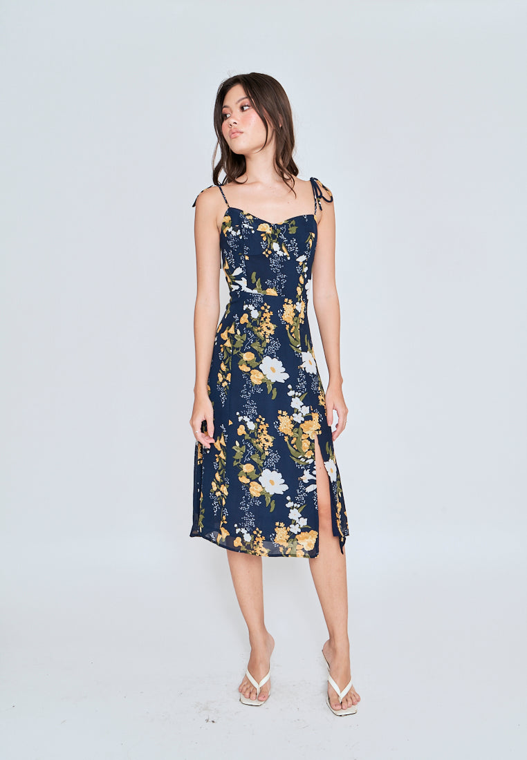 Elene Blue with White and Yellow Floral Print V Neckline Self tie Strap Midi Dress