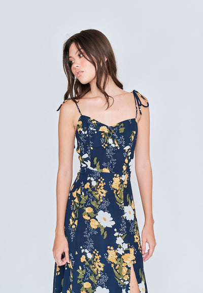 Elene Blue with White and Yellow Floral Print V Neckline Self tie Strap Midi Dress