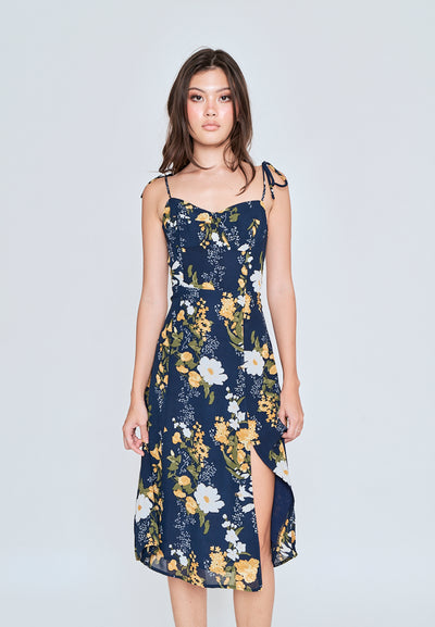 Elene Blue with White and Yellow Floral Print V Neckline Self tie Strap Midi Dress