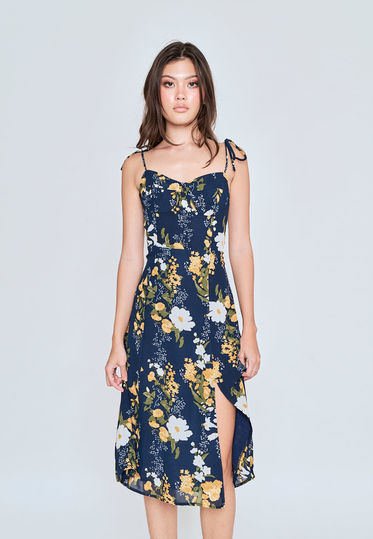 Elene Blue with White and Yellow Floral Print V Neckline Self tie Strap Midi Dress