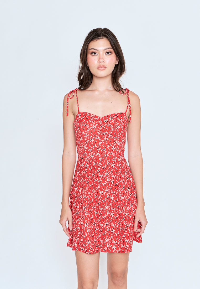 Evia Red Floral All Over Print Self Tie Strap Mini Dress