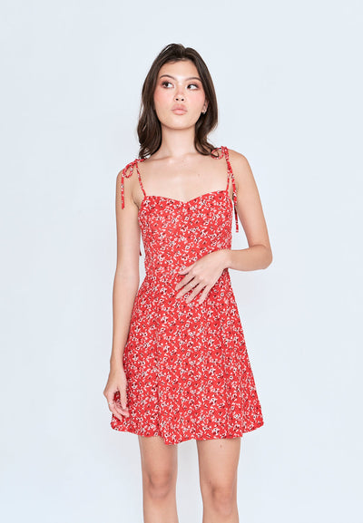 Evia Red Floral All Over Print Self Tie Strap Mini Dress