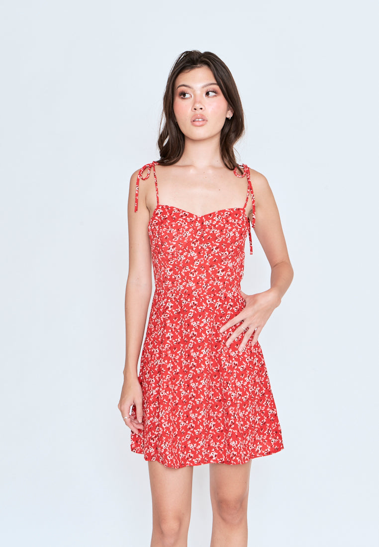 Evia Red Floral All Over Print Self Tie Strap Mini Dress