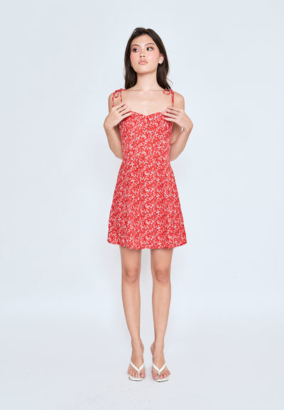 Evia Red Floral All Over Print Self Tie Strap Mini Dress