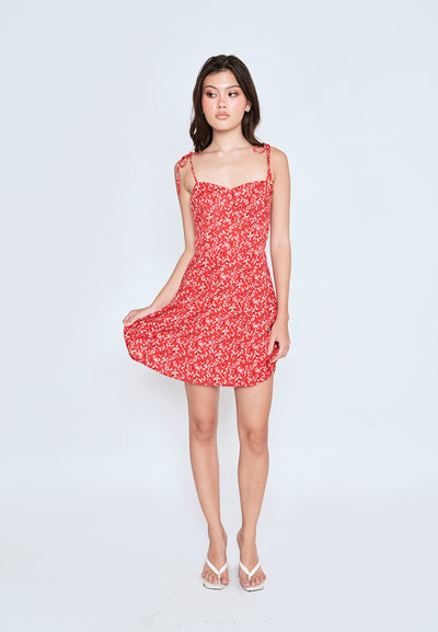 Evia Red Floral All Over Print Self Tie Strap Mini Dress