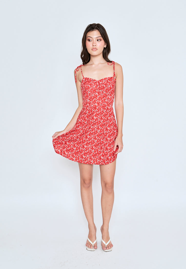 Evia Red Floral All Over Print Self Tie Strap Mini Dress