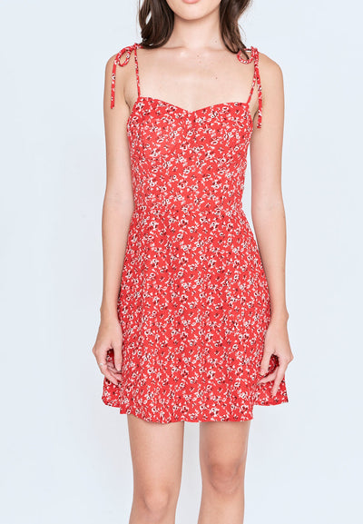 Evia Red Floral All Over Print Self Tie Strap Mini Dress