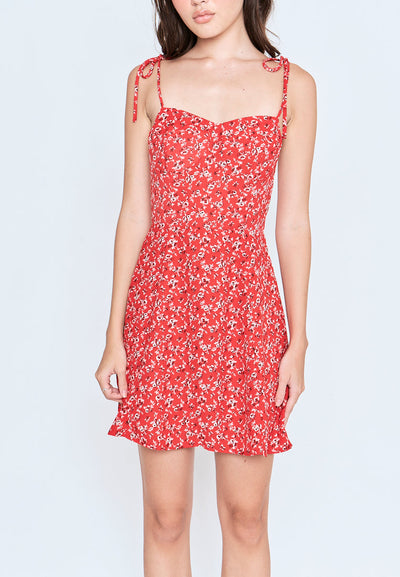 Evia Red Floral All Over Print Self Tie Strap Mini Dress