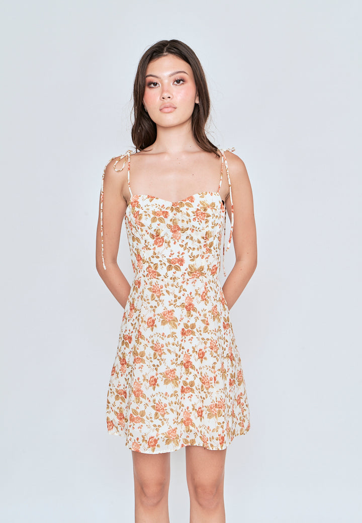 Kielle White with Brown Floral All Over Print Self Tie Srap Mini Dress