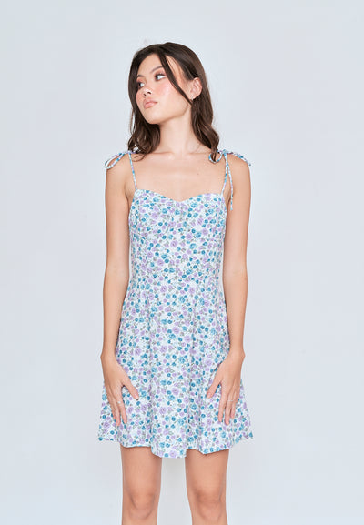 Kamari Blue Floral All Over Print Self Tie Strap Mini Dress