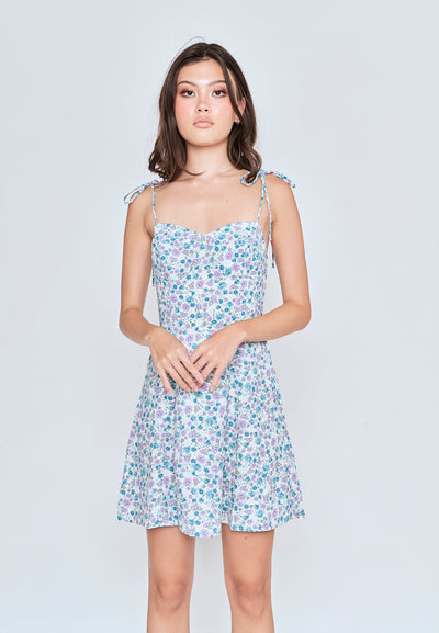 Kamari Blue Floral All Over Print Self Tie Strap Mini Dress